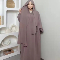 Crepe Hooded Abaya Hijab Attached With Scarf Pockets Muslim Jilbab Cute Modesty Dress Jabab Prayer D