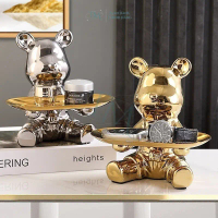 Tượng Gấu sứ bê khay ống heo đa năng bằng sứ cao 19cm vàng bạc decor nhà đựng chìa khóa làm quà tặng