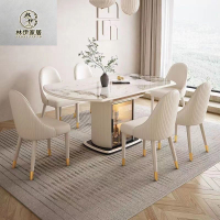 奶油風巖板餐桌椅組合現代簡約家用小戶型可伸縮折疊輕奢圓桌儲物
