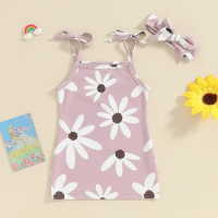 VISgogo Little Girl Dress 2 Piece Summer Outfits Square Neck Tie Up Spaghetti Strap Floral Dress Flower Headband Toddler Set