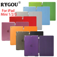 RYGOU Case for iPad mini 1 2 3 Tri-fold Smart Case Solid Color Ultra Slim PU Leather Transparent Back Cover for iPad mini case