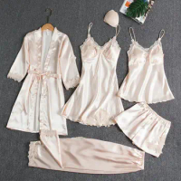 Silk Pajama Set Lightweight Sleepwear Set Elegant Silky Satin Lace Patchwork Women's Pajamas Set with Lace-up for Comfortable