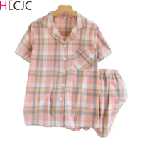 Summer Thin Short-sleeved Pajama Set For Women Washed Cotton Sleepwear Simple Plaid Loungewear Women's Pajamas Living Clothes