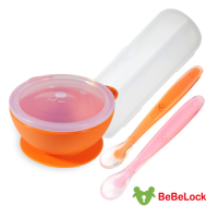 BeBeLock幼兒矽膠餐碗(橘)+矽膠湯匙(粉橘)
