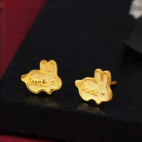Pure 24K Yellow Gold Earrings Women 999 Gold Lucky Rabbit Stud Earrings