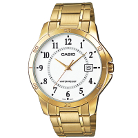 CASIO 經典復古時尚簡約指針紳士日曆腕錶-金X白色(MTP-V004G-7B)40mm