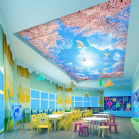 藍天白云壁紙櫻花風景壁畫酒店客廳臥室吊頂墻紙天花板頂棚墻布