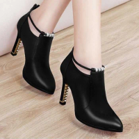 New Winter Autumn Ankle Boots Women's Shallow Pointed Red Thin High Heels Ankle Booties Zip Pu Female Chelsea Leather Ladies