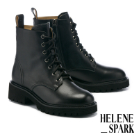 短靴 HELENE_SPARK 簡約率性街頭全真皮綁帶厚底短靴－黑