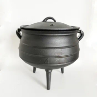 9.3L Cast Iron Cauldron Kettle Camping South Africa Potjie Pot Three Legs Cast Iron Belly Pot Soup Pot for Outdoor Picnic