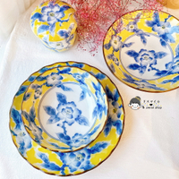 貨進口美濃燒陶瓷釉下彩吉祥圖紋黃色牡丹花卉料理餐具盤子碗