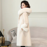 Sheep Fleece Coat for Women Winter 2023 New Slim Hooded Wool Fur Coat Women's Fox Fur Collar Composite Fur Jacket Male Outwears