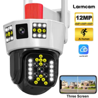 6K 12MP WiFi IP Camera Outdoor Three Screen 360° CCTV PTZ Street Cam 5X Zoom Security Cam Video Surveillance Security Protection