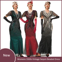 1920s 30s Flapper Dress Gatsby Charleston Deco Sequin Bead Dress Flapper Gatsby Party Long Evening Maxi Cocktail Dress Gown