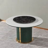 Luxury Round Dining Table Marble Stone Luxurious Leather Stainless Steel Dining Table with Rotating Centre