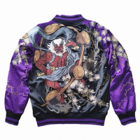 Loose Plus Size Purple Fujin Raijin Men Boys Heavy Work Embroidered Sukajan Souvenir Jacket High Street High Quality Coats