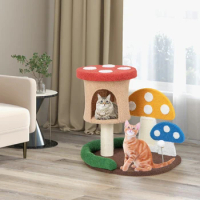 Stable Wooden Structure Cartoon Mushroom Shaped Sisal Post Scratching Board Pet Cat Tree Toy 4-In-1 Cat Tree with Condo Platform