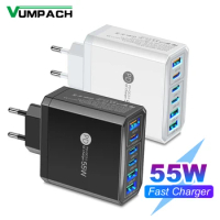 55W 3 USB 3 PD Charger Fast Charging QC3.0 Travel Charger For iPhone 15 14 Samsung Xiaomi Mobile Phone Adapter EU KR US UK Plug