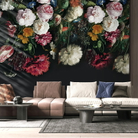 北歐手繪復古花朵壁紙客廳電視背景墻紙酒店墻布餐廳壁畫臥室壁布