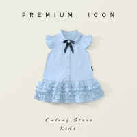 Girls' blue school-style short-sleeved dress with frills for 2025 summer. New style for baby girls. 