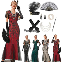 1920s Great Gatsby Flapper Dress Elegant Retro Short Sleeve Sequin Long Dress Lady Evening Party Party Dresses Woman Vestidos