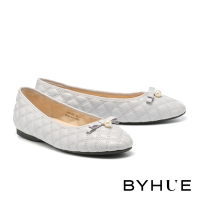 平底鞋 BYHUE 少女氣質珍珠蝴蝶結羊皮軟芯Q底娃娃平底鞋－灰
