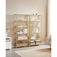 6-Tier Bookshelf, Accent Shelf , Tempered Glass, Steel Frame, Metallic Gold, Book Shelf Display Shelves
