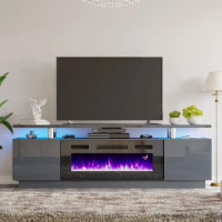 Fireplace TV Stand with 36" Fireplace, 70" Modern High Gloss Fireplace Entertainment Center LED Lights, 2 Tier TV Console
