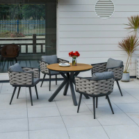 Round aluminum table dia.100cm garden dining table rope rattan chair outdoor furniture set plastic wood top waterproof