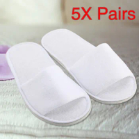 Hotel Disposable slippers 5 Pairs Spa Hotel Guest Slipper Open Toe Towelling Disposable Terry Style Breathable Soft White Shoes
