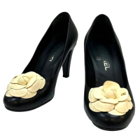 【二手名牌BRAND OFF】CHANEL 香奈兒 黑色 牛皮 山茶花 高跟鞋 #38.5