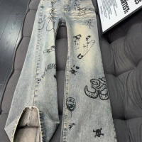 American Style Retro Fashion Brand Worn Looking Washed-out Graffiti Design Straight Jeans Neutral Vi