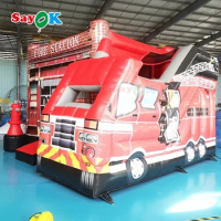 SAYOK 5m Inflatable Fire Truck Slide Bounce Giant Commercial Inflatable Bouncy Castle House for Outdoor Business Rental Park