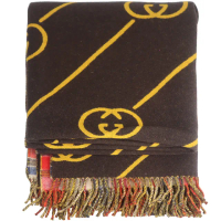【GUCCI 古馳】品牌標誌蘇格蘭紋雙面純羊毛厚披巾(大/咖啡色/方形)