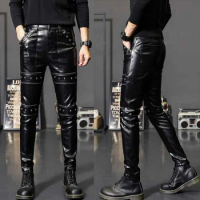 Men Pants Zipper Patchwork Rivet Leather Pants ，Biker Streetwear Hip Hop Punk Gothic Small Feet Trousers