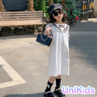 【UniKids】中大童裝短袖洋裝 韓版海軍領學院風 女大童裝 VWHT256(白)