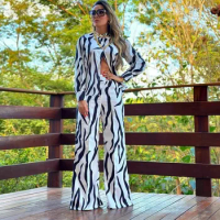 Women's Zebra Pirnt Pajama Set Long Sleeve Spring Autumn Ladies Sleepwear 2 Pcs with Pant Single Breasted Pijama for Female