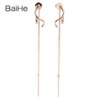 BAIHE Solid 18K Rose Gold 0.10ct H/SI Natural Diamond long Stud Earrings Women Ear Wire Engagement Trendy Fine Jewelry серьги