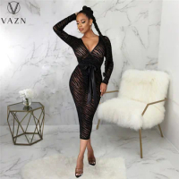 VAZN 2021 Top Quality See Through Lace Black Sexy Young Young Europe And America Long Dress Full Sleeve Women Shinny Midi Dress