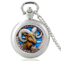 Twelve constellations Aries Vintage Quartz Pocket Watch Charm Men Women Pendant Necklace Chain Hours Clock Gifts