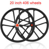 20 inches 406 Folding Bike Wheelset Magnesiumalloy MTB Bicycle Disc Brake Wheel with Built in 6 Holes Hub, Quick Release Black