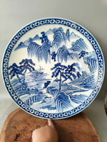 日本回流瓷器古董超大青花山水盤，直徑48cm。接近半米的直徑