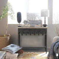 Rustic Farmhouse Metal Console Table with Solid Wood Top, Distressed Grey