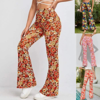 Hippie Disco Flared Pants Women Fashion Peace Love Trousers Female Casual Vintage Pants 60s 70s Theme Party Cosplay Costume