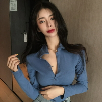網紅t恤女ins超火性感緊身低胸POLO領內搭早秋上衣長袖港味打底衫