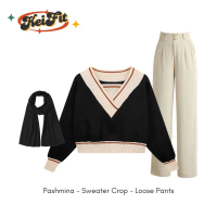RAMADHAN SALE Stelan, Yumi One Set, Outfit Style Ala Korea (Sweater Korean, Loose Pants, Pashmina) S