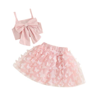 Baby Girls 2 Piece Outfits Square Neck Adjustable Spaghetti Strap Tops Elastic Waist Mesh Skirt Cute Summer Set