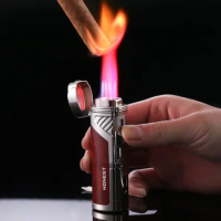 HONEST Creative Metal Outdoor Windproof Butane Gas Lighter Turbo Four Torch Straight Jet Red Flame Multifunctional Cigar Lighter