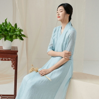 中國風漢服改良版連衣裙女春夏季中式純苧麻女裝復古禪意交領茶服