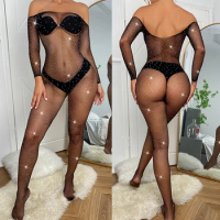 Sexy Women's Lace Glitter Rhinestone Bodysuit Sex Fishing Net Transparent Tights Erotic Hollow Out Exotic Doll Role Play Set